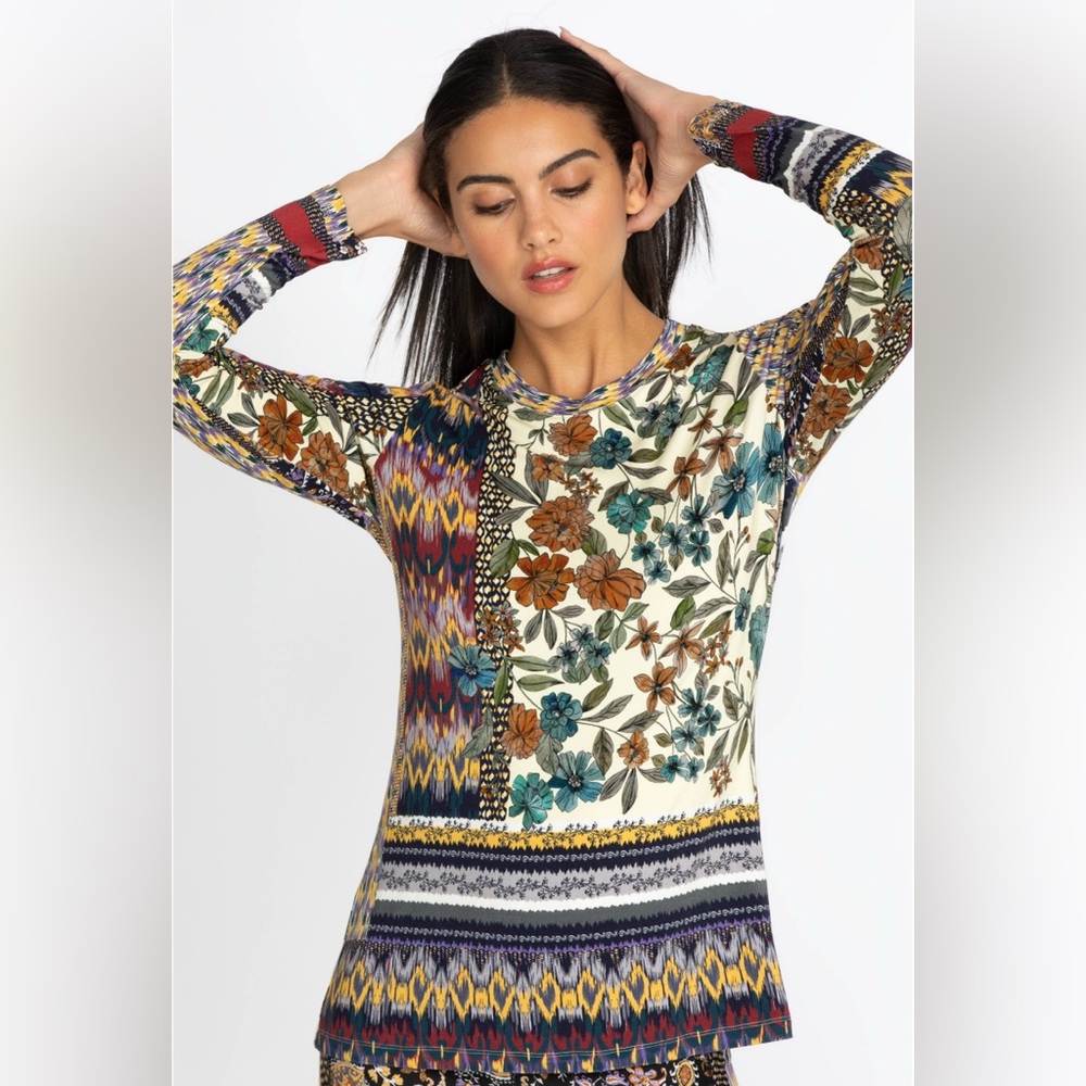 Johnny Was Colorful Floral Patchwork Long Sleeve Top
